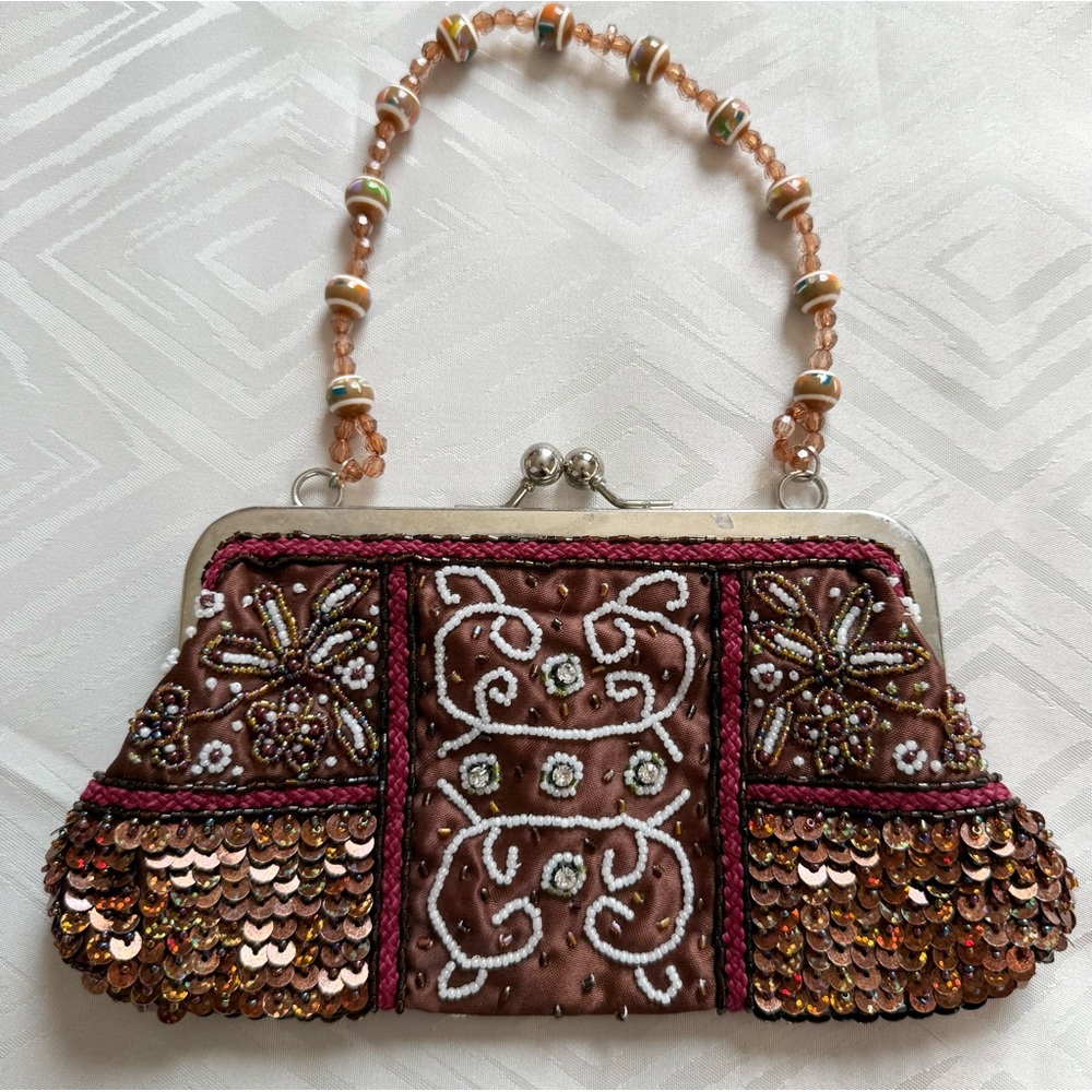 Embellished Purse Kiss Lock Evening Brown Clutch with Beaded Handle Seed Bead